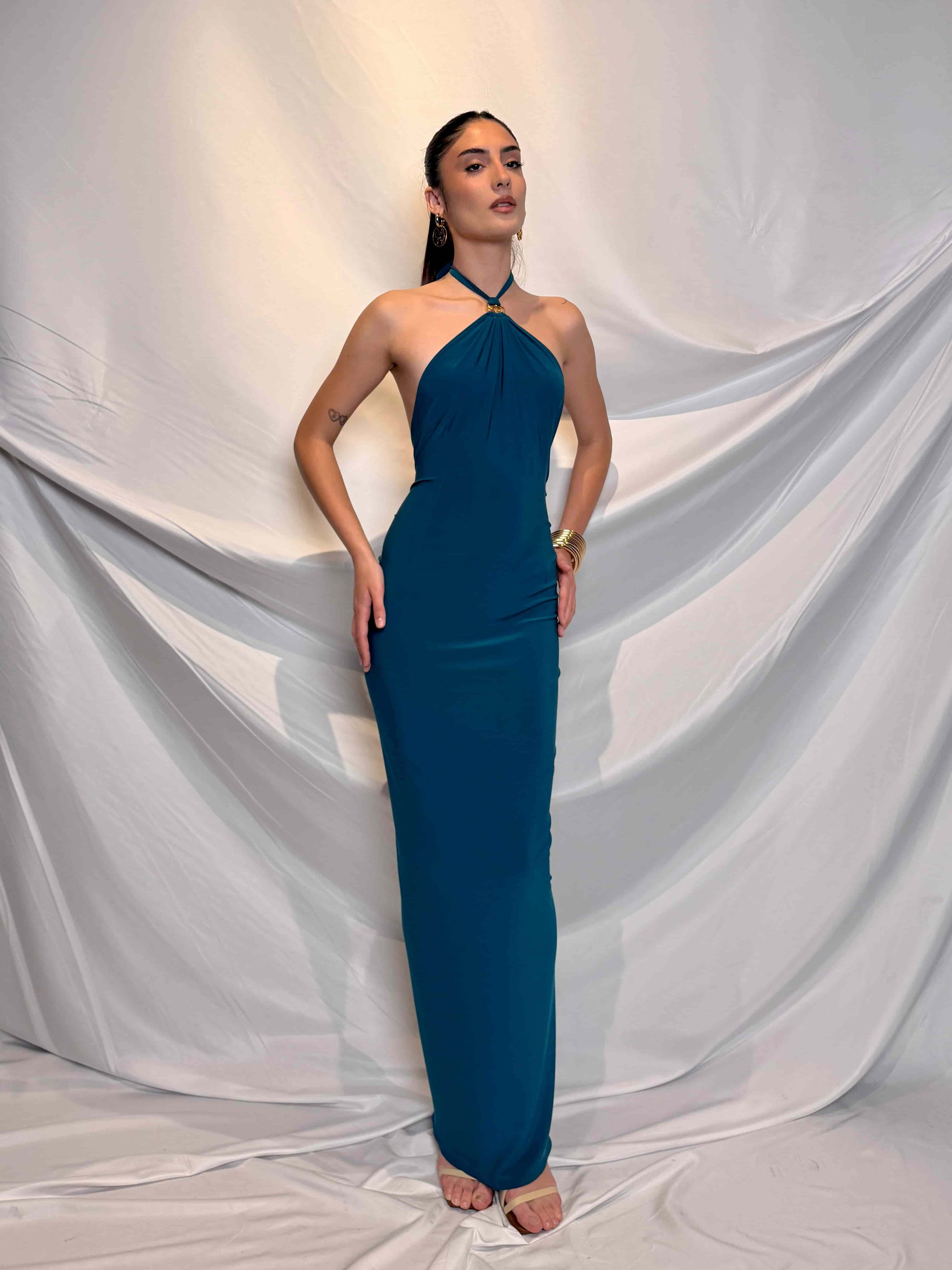 backless teal dress Through The Night Backless Maxi Dress - Teal/combo