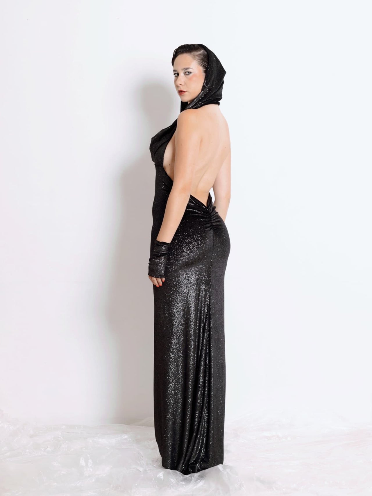 COWL DRESS GLITTER BLACK